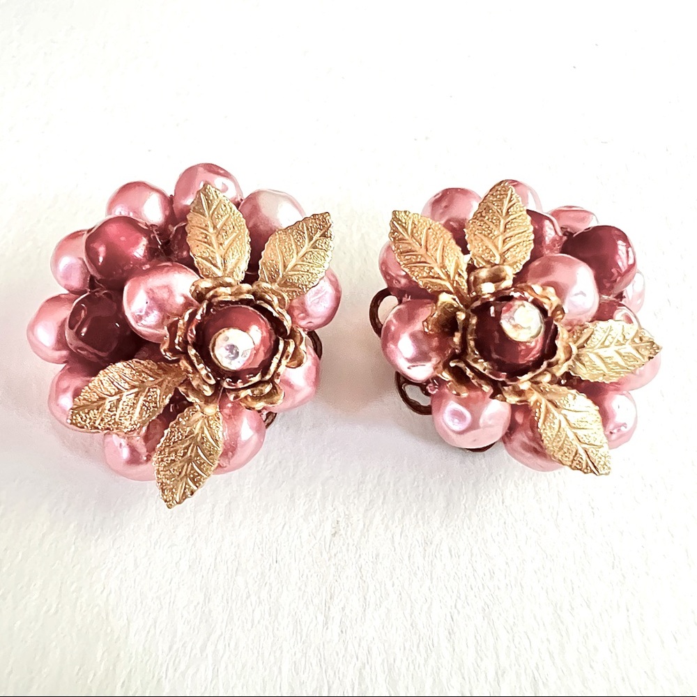 Vintage Earrings Pink Retro Ear Clips Flowers Floral Beaded Buds